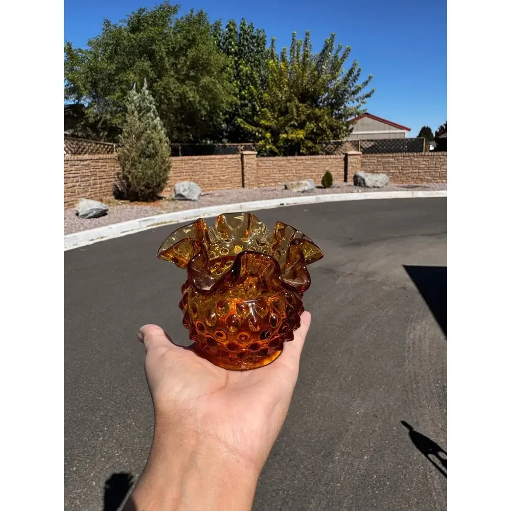 Fenton Art Glass Colonial Amber Hobnail mini vase double crimped ruffled rim 70s